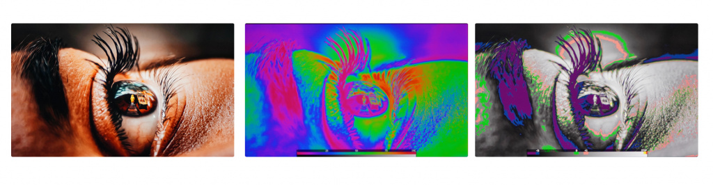 Пример работы функции Super False Color. Поддерживает 16 Log кривых, включая популярные SONY S-Log2, SONY S-Log3, Panasonic V709, ARRI REC709, RED LOGFILM, RED RG4, и др.
