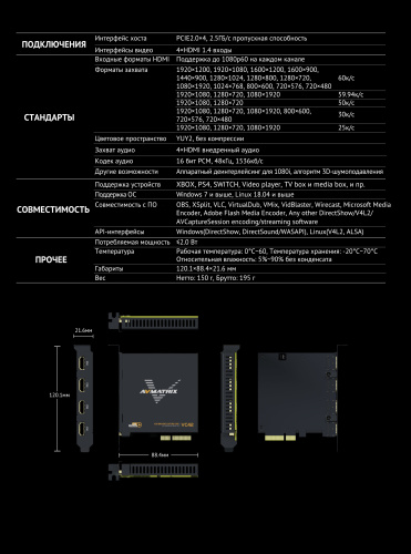 Плата видеозахвата AVMATRIX VC42 4CH HDMI PCIE